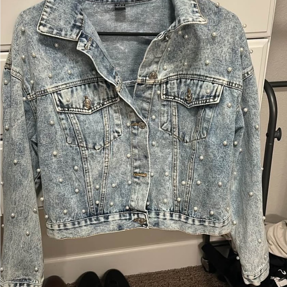SHEIN Light Blue Denim Jacket with Pearl Details